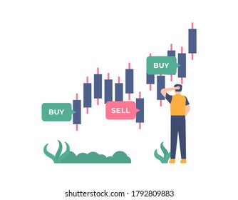 illustration of a trader who is confused or thinking about selling or buying a stock. concept trading, stock investing, chart data analysis. flat design. can be used for elements, landing pages, UI