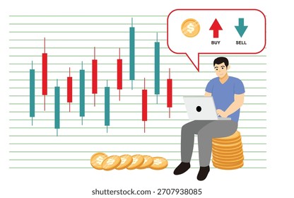illustration of a trader working on his laptop sitting on a pile of coins. suitable for business-themed designs