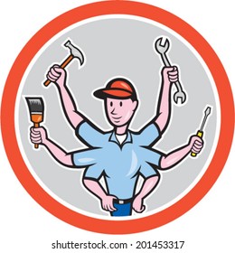 Illustration of a tradesman construction worker with six hand holding screwdriver, paintbrush, spanner and hammer set inside circle on isolated background done in cartoon style. 