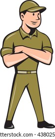 Illustration of a tradesman worker standing with arms crossed looking to the side viewed from front set on isolated white background done in cartoon style. 