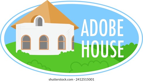 Illustration of a traditional adobe house with a brown roof, oval emblem. Natural building and sustainable architecture vector illustration.
