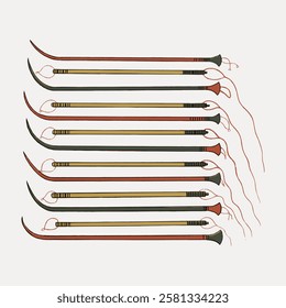 Illustration of traditional alphorns, long wooden horns, arranged in a row. Alphorns, used in Swiss culture, feature curved ends and decorative bands. Vintage Egyptian illustration isolated, vector.