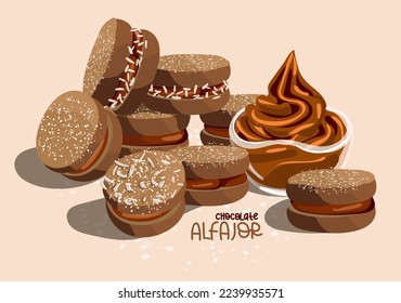 Illustration of the traditional Argentine dessert Alfagor chocolate with boiled condensed milk. Latin American food. Suitable for printing on textiles and paper. Printing on the menu of cafes