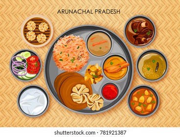 ilustración de la cocina tradicional arunachali y del thali de la comida de Arunachal Pradesh India