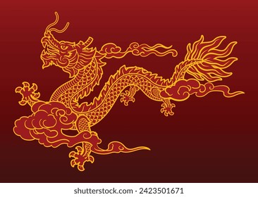 Illustration of Traditional Asia, Japan And Chinese Gold Dragon with red background. Silhouette of Dragons. Paper cut style. Vector Illustration