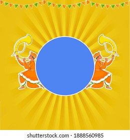 Illustration Of Traditional Attire Men Blowing Tutari Horn And Blue Empty Circle Frame Given For Text On Yellow Rays Background.