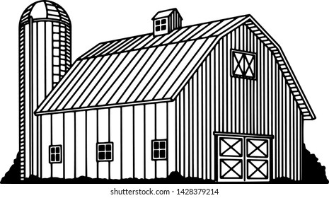 Illustration of a traditional barn and silo.