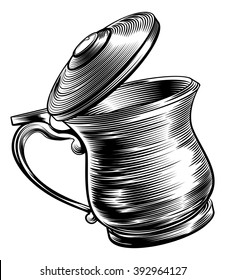 An illustration of a traditional beer stein or tankard in a woodcut style