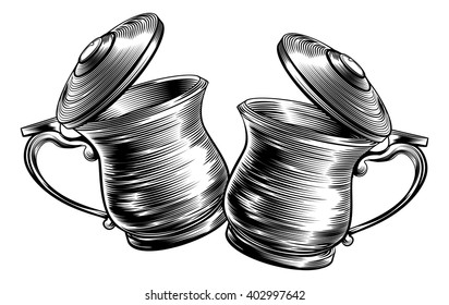 An illustration of a traditional beer stein or tankards chinking together in a prost toast in a woodcut style