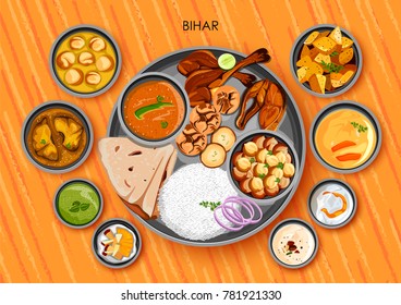 illustration of Traditional Bihari cuisine and food meal thali of Bihar India