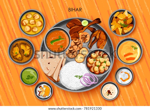 ビハル インドの伝統的なビハリ料理と食事のタリのイラスト のベクター画像素材 ロイヤリティフリー