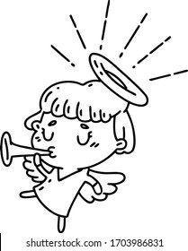 illustration of a traditional black line work tattoo style angel blowing trumpet
