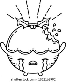 illustration of a traditional black line work tattoo style christmas pudding character crying