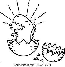 illustration of a traditional black line work tattoo style hatching dinosaur