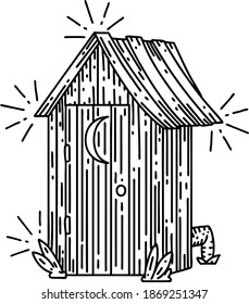 illustration of a traditional black line work tattoo style outdoor toilet