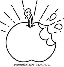 illustration of a traditional black line work tattoo style bitten apple