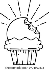 illustration of a traditional black line work tattoo style cupcake with missing bite