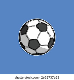 Illustration of a traditional black and white soccer ball isolated on a bold blue background. Perfect for sports-related themes, football activities, or games. Bright and playful design.