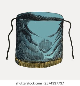 Illustration of a traditional blue fez hat with tassels. The fez hat is a cultural symbol, often worn in various regions. Blue fez hat with tassels. Vintage art drawing, isolated vector element.