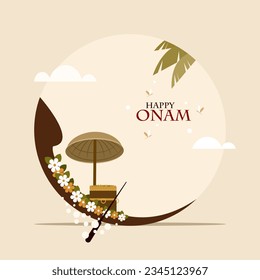 Illustration of traditional boat and umbrella with auspicious items of Kerala. Concept of Onam festival in Kerala