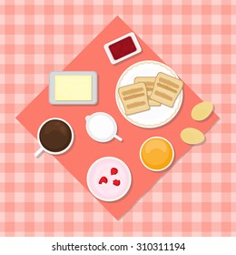 Illustration of traditional breakfast. Eggs, yogurt, juice, tea, toasts, jam jar, butter, milk.