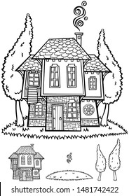 Illustration of traditional Bulgarian house in black and white for coloring.