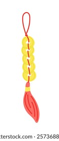 Illustration of traditional Chinese coins tied with a red string and a tassel, symbolizing prosperity and good fortune, often used in feng shui or as a cultural decorative item