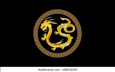 Illustration of Traditional chinese Dragon Chinese in circle frame character dragon,vector illustration - Vector. gold dragon