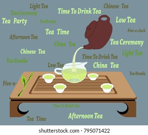 Illustration of traditional chinese and japanese tea ceremony with teacups, teapot, creamer, wooden table on a grey background. Stylish design of decor, poster, flyer, menu for tea store, restaurant