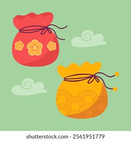 Illustration of a traditional Chinese and Korean lucky bag, or hongbao. These bright red and gold bags are often filled with money during celebrations such as Chinese New Year.