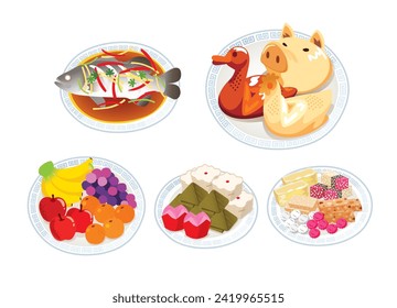 Illustration of traditional Chinese lunar new year food.