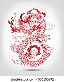 Illustration of Traditional Chinese oriental Dragon Spewing Flames, vector illustration. Infinity shape. Isolated. Black and White.