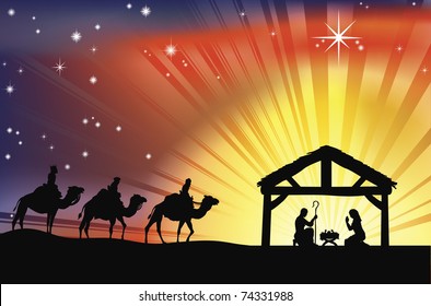 Illustration of traditional Christian Christmas Nativity scene with the three wise men