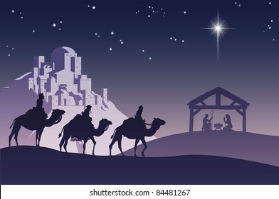 Illustration Of Traditional Christian Christmas Nativity Scene With The Three Wise Men Going To Meet Baby Jesus In The Manger.