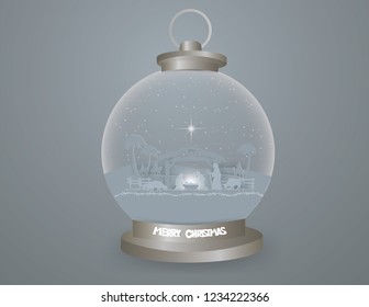 Illustration of Traditional Christmas Nativity Scene of baby Jesus in Snow globe on gray background, paper art and vector style