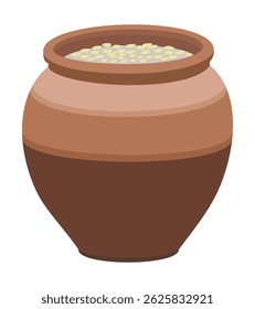 Illustration of a traditional clay pot filled with grains or seeds, simple design