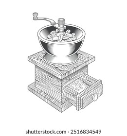 illustration of traditional coffee grinder, vector art.