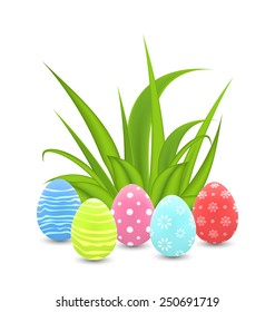 Illustration traditional colorful ornamental eggs with grass for  Easter - vector