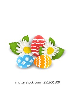 Illustration traditional colorful ornate eggs with flowers chamomiles for Easter, copy space for your text - vector