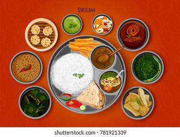 ilustración de cocina tradicional y comida thali de Sikkim India