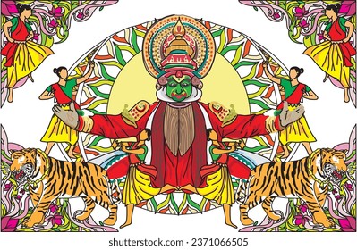 Illustration of traditional dancer in India with famous Bengal tigers