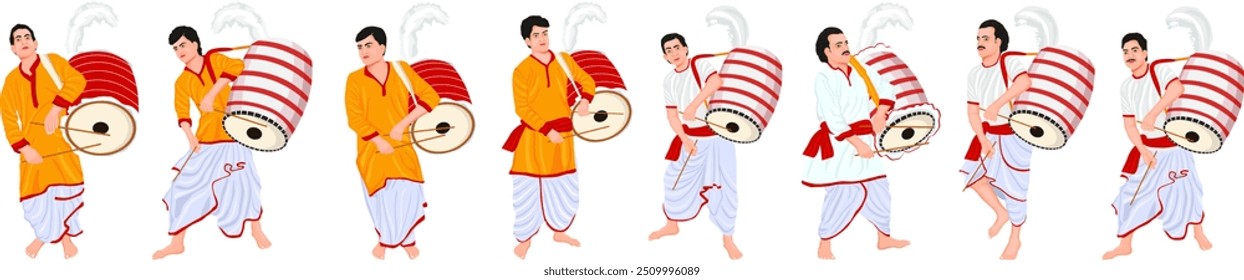 Illustration of traditional Dhakis playing large Dhak, wearing ethnic attire, symbolic of Durga Puja celebrations, Durga Puja Dhaki