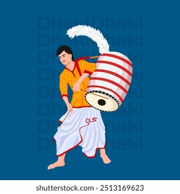 Illustration of traditional Dhakis playing large Dhak, wearing ethnic attire, symbolic of Durga Puja celebrations, Durga Puja Dhaki