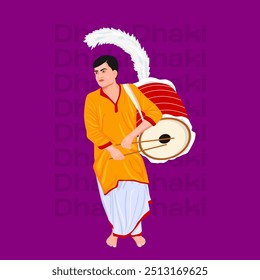 Illustration of traditional Dhakis playing large Dhak, wearing ethnic attire, symbolic of Durga Puja celebrations, Durga Puja Dhaki