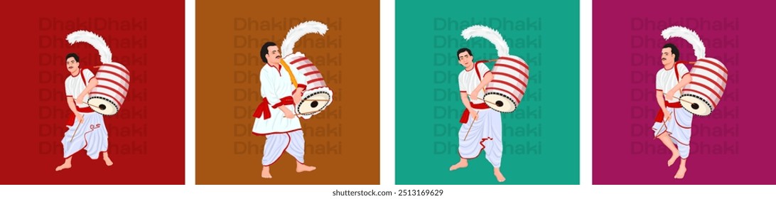 Illustration of traditional Dhakis playing large Dhak, wearing ethnic attire, symbolic of Durga Puja celebrations, Durga Puja Dhaki