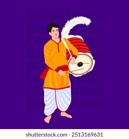 Illustration of traditional Dhakis playing large Dhak, wearing ethnic attire, symbolic of Durga Puja celebrations, Durga Puja Dhaki