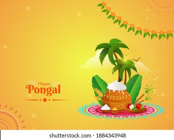 Illustration Of Traditional Dish Mud Pot, Fruits, Banana Leaves, Wheat Ear, Sugarcane, Palm Or Coconut Trees On Rangoli For Pongal Celebration.