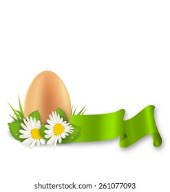 Illustration traditional Easter egg with flowers daisy, grass and ribbon, copy space for your text - vector