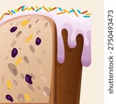 Illustration of a traditional Easter kulich cake slice with icing and colorful sprinkles. Sweet festive bread cross section isolated on white, perfect for Easter greeting cards, bakery designs and holiday food concepts.