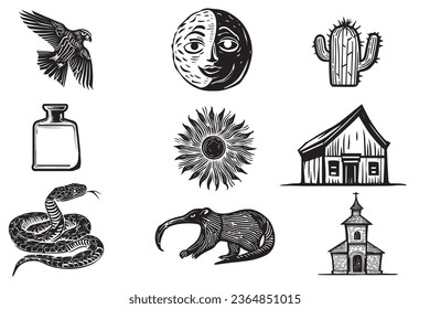 illustration of traditional elements of the culture of northeastern Brazil, Cordel and Woodcut. Vector.